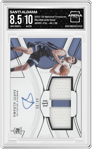 Santi Aldama from the 2021-22 Panini National Treasures set graded by Arena Club and given an overall grade of 8.5.