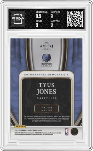 Tyus Jones  from the 2021-22 Panini Select set featuring a Tie-Dye parallel graded by Arena Club and given an overall grade of 9.