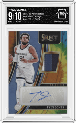 Tyus Jones  from the 2021-22 Panini Select set featuring a Tie-Dye parallel graded by Arena Club and given an overall grade of 9.