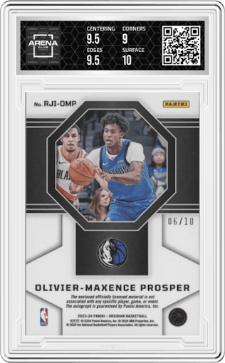 Olivier-Maxence Prosper from the 2023-24 Panini Obsidian set featuring a Electric Etch Molten Mojo parallel graded by Arena Club and given an overall grade of 9.5.