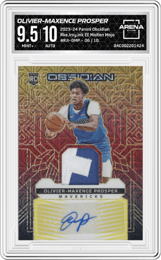 Olivier-Maxence Prosper from the 2023-24 Panini Obsidian set featuring a Electric Etch Molten Mojo parallel graded by Arena Club and given an overall grade of 9.5.