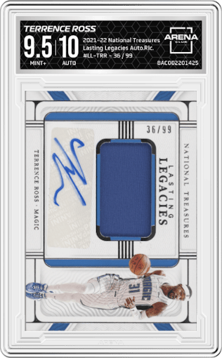 Terrence Ross from the 2021-22 Panini National Treasures set graded by Arena Club and given an overall grade of 9.5.