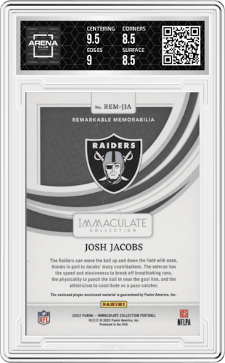 Josh Jacobs from the 2022 Panini Immaculate Collection set featuring a Gold parallel graded by Arena Club and given an overall grade of 9.