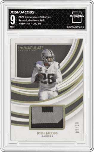 Josh Jacobs from the 2022 Panini Immaculate Collection set featuring a Gold parallel graded by Arena Club and given an overall grade of 9.