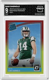 Sam Darnold from the 2018 Panini Donruss Optic set featuring a Red/Yellow parallel graded by Arena Club and given an overall grade of 9.