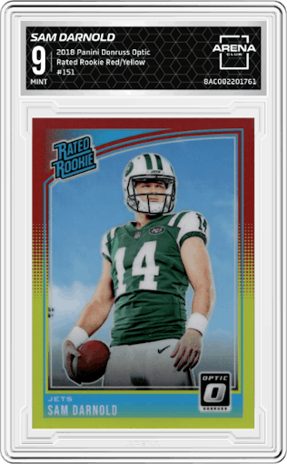 Sam Darnold from the 2018 Panini Donruss Optic set featuring a Red/Yellow parallel graded by Arena Club and given an overall grade of 9.