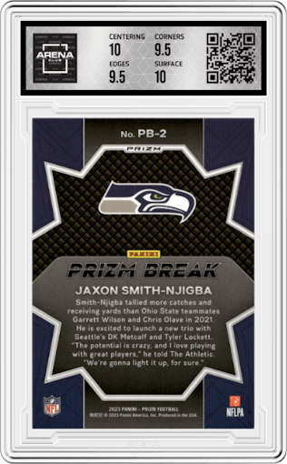 Jaxon Smith-Njigba from the 2023 Panini Prizm set featuring a Green Wave parallel graded by Arena Club and given an overall grade of 10.