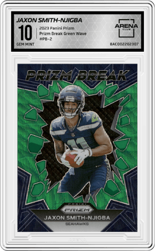Jaxon Smith-Njigba from the 2023 Panini Prizm set featuring a Green Wave parallel graded by Arena Club and given an overall grade of 10.