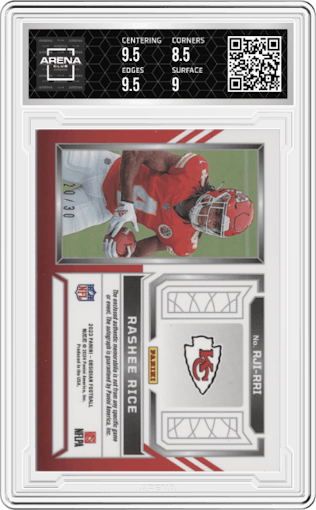 Rashee Rice from the 2023 Panini Obsidian set featuring a EE Purple Flood parallel graded by Arena Club and given an overall grade of 9.
