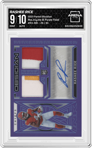 Rashee Rice from the 2023 Panini Obsidian set featuring a EE Purple Flood parallel graded by Arena Club and given an overall grade of 9.