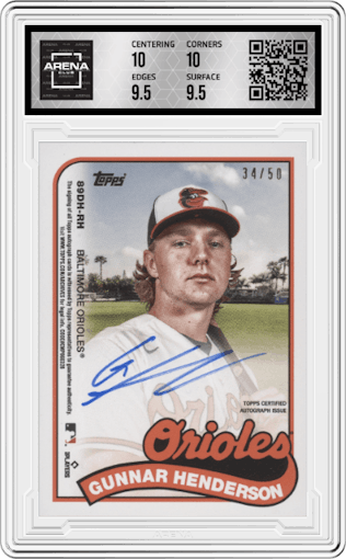 Adley Rutschman/Gunnar Henderson from the 2023 Topps Archives set featuring a Gold Foil parallel graded by Arena Club and given an overall grade of 10.