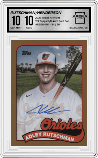 Adley Rutschman/Gunnar Henderson from the 2023 Topps Archives set featuring a Gold Foil parallel graded by Arena Club and given an overall grade of 10.