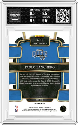  Paolo Banchero from the 2023-24 Panini Select  set featuring a Neon Purple Pulsar Prizms FOTL parallel graded by Arena Club and given an overall grade of 9.