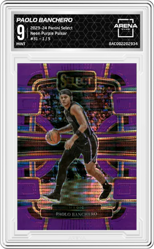  Paolo Banchero from the 2023-24 Panini Select  set featuring a Neon Purple Pulsar Prizms FOTL parallel graded by Arena Club and given an overall grade of 9.