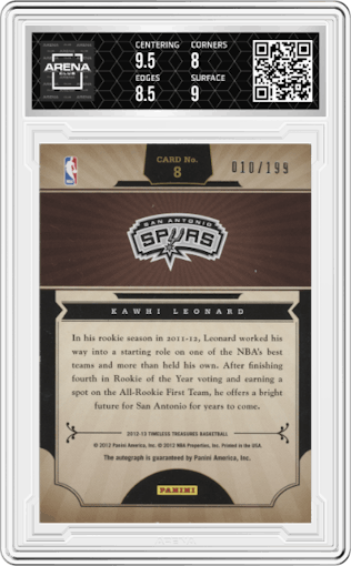 Kawhi Leonard from the 2012-13 Panini Timeless Treasures set graded by Arena Club and given an overall grade of 8.5.