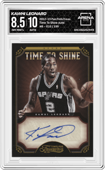Kawhi Leonard from the 2012-13 Panini Timeless Treasures set graded by Arena Club and given an overall grade of 8.5.