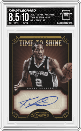 Kawhi Leonard from the 2012-13 Panini Timeless Treasures set graded by Arena Club and given an overall grade of 8.5.