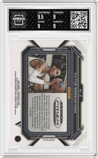 Victor Wembanyama  from the 2023-24 Panini Prizm Draft Picks set featuring a Green Prizm parallel graded by Arena Club and given an overall grade of 9.