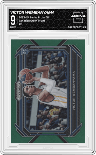 Victor Wembanyama  from the 2023-24 Panini Prizm Draft Picks set featuring a Green Prizm parallel graded by Arena Club and given an overall grade of 9.