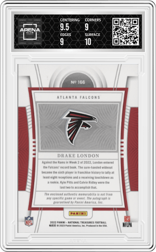 Drake London from the 2022 Panini National Treasures set featuring a Purple parallel graded by Arena Club and given an overall grade of 9.5.