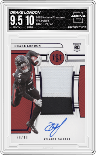 Drake London from the 2022 Panini National Treasures set featuring a Purple parallel graded by Arena Club and given an overall grade of 9.5.