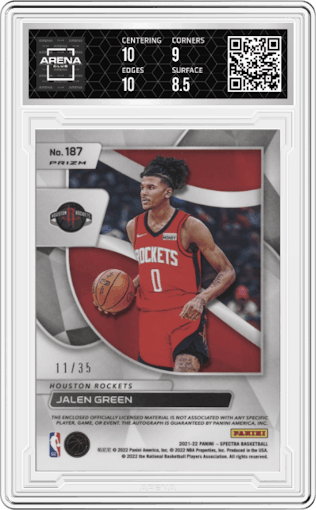 Jalen Green from the 2021-22 Panini Spectra set featuring a Astral parallel graded by Arena Club and given an overall grade of 9.
