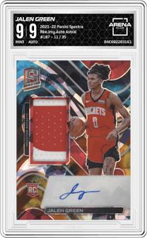 Jalen Green from the 2021-22 Panini Spectra set featuring a Astral parallel graded by Arena Club and given an overall grade of 9.