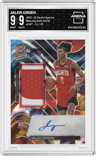 Jalen Green from the 2021-22 Panini Spectra set featuring a Astral parallel graded by Arena Club and given an overall grade of 9.