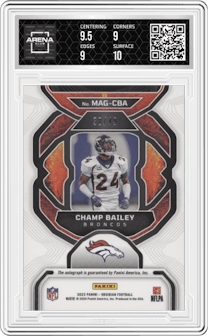 Champ Bailey  from the 2023 Panini Obsidian set featuring a Electric Etch Orange parallel graded by Arena Club and given an overall grade of 9.5.