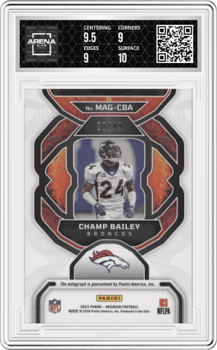 Champ Bailey  from the 2023 Panini Obsidian set featuring a Electric Etch Orange parallel graded by Arena Club and given an overall grade of 9.5.