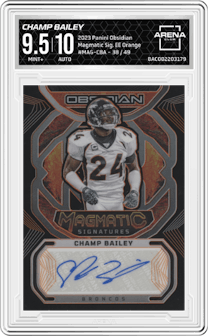 Champ Bailey  from the 2023 Panini Obsidian set featuring a Electric Etch Orange parallel graded by Arena Club and given an overall grade of 9.5.