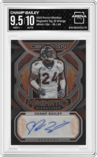 Champ Bailey  from the 2023 Panini Obsidian set featuring a Electric Etch Orange parallel graded by Arena Club and given an overall grade of 9.5.
