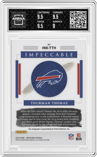 Thurman Thomas from the 2022 Panini Impeccable set graded by Arena Club and given an overall grade of 9.5.