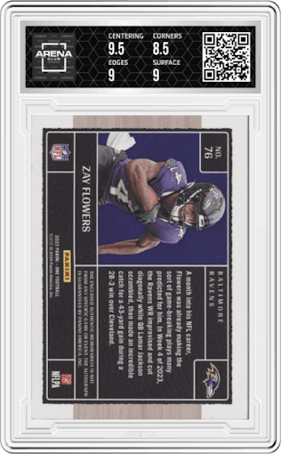 Zay Flowers from the 2023 Panini One set graded by Arena Club and given an overall grade of 9.