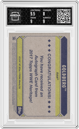 Goldberg from the 2017 Topps Heritage WWE set graded by Arena Club and given an overall grade of 8.5.