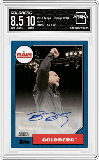 Goldberg from the 2017 Topps Heritage WWE set graded by Arena Club and given an overall grade of 8.5.
