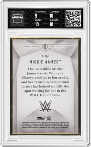 Mickie James from the 2019  Topps Transcendent Collection WWE set graded by Arena Club and given an overall grade of 9.5.