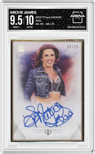 Mickie James from the 2019  Topps Transcendent Collection WWE set graded by Arena Club and given an overall grade of 9.5.