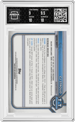 CJ Stroud from the 2021-22 Bowman University set featuring a Pink Refractor parallel graded by Arena Club and given an overall grade of 9.5.