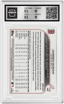 Jarren Duran from the 2022 Topps Chrome set featuring a Prism Refractor parallel graded by Arena Club and given an overall grade of 10.