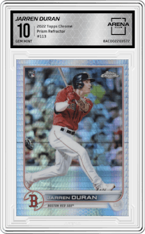 Jarren Duran from the 2022 Topps Chrome set featuring a Prism Refractor parallel graded by Arena Club and given an overall grade of 10.