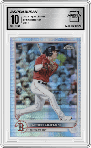 Jarren Duran from the 2022 Topps Chrome set featuring a Prism Refractor parallel graded by Arena Club and given an overall grade of 10.