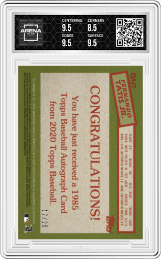 Fernando Tatis Jr. from the 2020 Topps Series 1 set featuring a Red parallel graded by Arena Club and given an overall grade of 9.