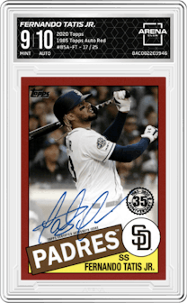 Fernando Tatis Jr. from the 2020 Topps Series 1 set featuring a Red parallel graded by Arena Club and given an overall grade of 9.