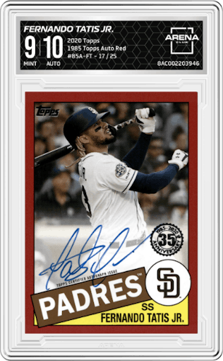 Fernando Tatis Jr. from the 2020 Topps Series 1 set featuring a Red parallel graded by Arena Club and given an overall grade of 9.