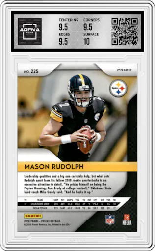 Mason Rudolph from the 2018 Panini Prizm set featuring a  Red Prizm parallel graded by Arena Club and given an overall grade of 10.