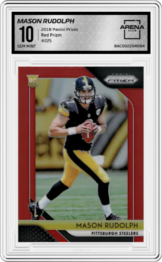 Mason Rudolph from the 2018 Panini Prizm set featuring a  Red Prizm parallel graded by Arena Club and given an overall grade of 10.