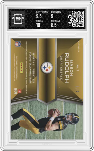 Mason Rudolph from the 2018 Panini Spectra set featuring a Marble parallel graded by Arena Club and given an overall grade of 9.
