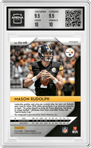 Mason Rudolph from the 2018 Panini Prizm set featuring a Neon Green Pulsar parallel graded by Arena Club and given an overall grade of 10.