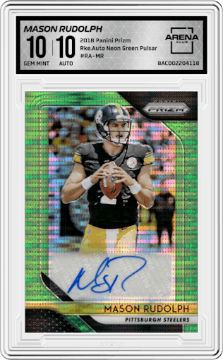 Mason Rudolph from the 2018 Panini Prizm set featuring a Neon Green Pulsar parallel graded by Arena Club and given an overall grade of 10.